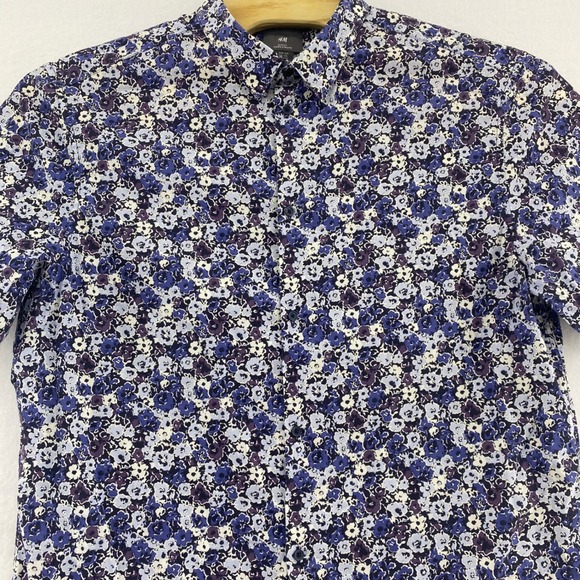 H&M Floral Print Shirt Short‎ Sleeve Button Up Casual XXL Blue Slim Fit - Picture 1 of 7